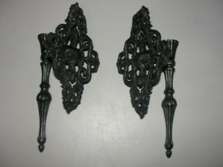 Set of 2 Vintage Metal Black Gold GOTHIC Medieval Wall Candle Holders Pair 3