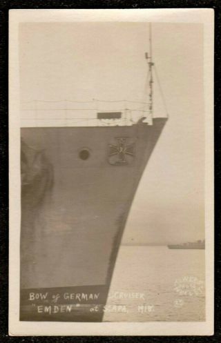 1918 Orkney Bow Of German Cruiser Emden At Scapa Flow Real Photo Postcard Navy