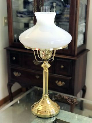 Vintage Polished Brass Hurricane Table Lamp with Milk Glass Tam - O - Shanter Shade 12