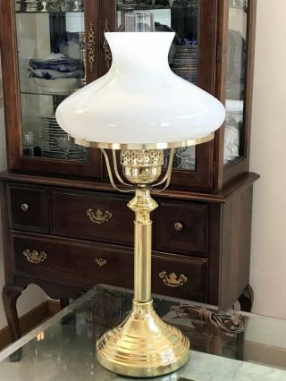 Vintage Polished Brass Hurricane Table Lamp With Milk Glass Tam - O - Shanter Shade