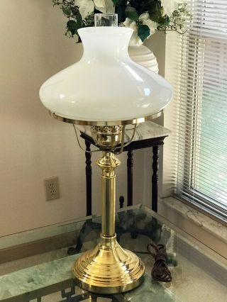 Vintage Polished Brass Hurricane Table Lamp with Milk Glass Tam - O - Shanter Shade 2