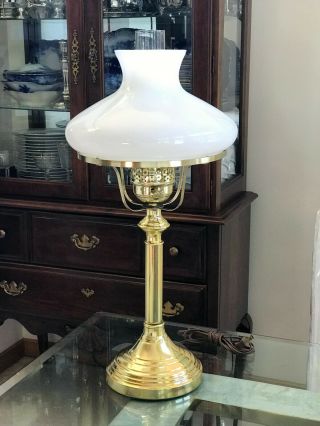 Vintage Polished Brass Hurricane Table Lamp with Milk Glass Tam - O - Shanter Shade 5