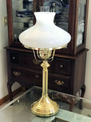 Vintage Polished Brass Hurricane Table Lamp with Milk Glass Tam - O - Shanter Shade 8
