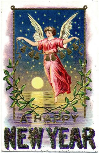 Antique Jeweled Year Angel W/ Gold Bells Full Moon Stars Postcard