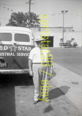 1951 Guy Standing By Red Star Industrial Service Truck Ca - Vintage B&w Negative