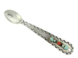 Navajo Sterling Silver Stamped Spoon With Turquoise And Coral