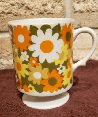 Pedestal Footed Flower Mug Coffee Cup Vintage Retro Floral Orange Yellow Green