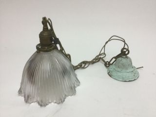 Vintage Industrial Light Fixture Holophane Glass Shade Hanging Ceiling Steampunk