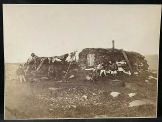 Vintage,  Circa 1890 Large Albumen Print Of Eskimo Family And Their Mud House