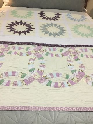 Unique Handmade Double Sided Quilt Wedding Ring Flips To Starburst 82”x 82”