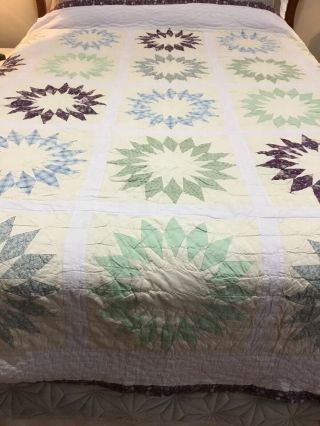 Unique Handmade Double Sided Quilt Wedding Ring Flips To Starburst 82”x 82” 2