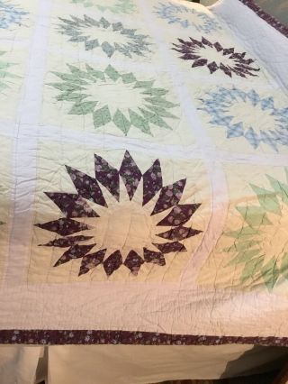 Unique Handmade Double Sided Quilt Wedding Ring Flips To Starburst 82”x 82” 6