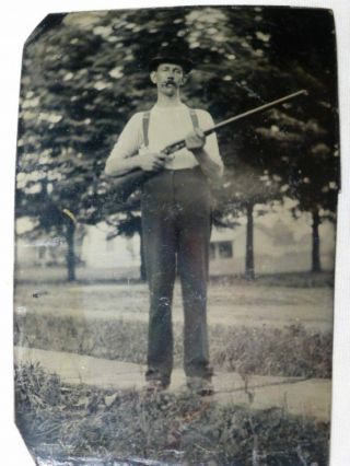 Vintage Tin Type Picture Photo - Farmer Hunter Long Shot Gun W Cigar In Mouth