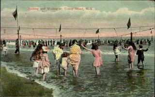 Bathing & Wading At Coney Island York Ny Edwardian Victorian Fashion C1910