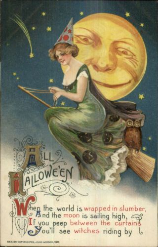Halloween Winsch Schmucker Beauticul Witch In Green Man In The Moon Postcard