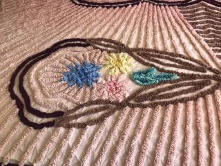 Vintage Pink Floral Chenille Bedspread 100 x 88 Full Queen Burgundy Blue Yellow 6