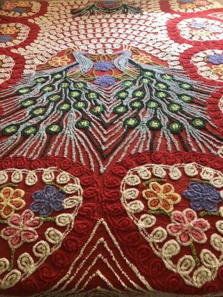 Red Double Peacock Vintage 50s Cotton Chenille Bedspread Hearts Flowers