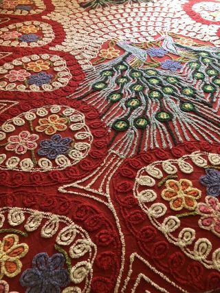 Red Double Peacock Vintage 50s Cotton Chenille Bedspread Hearts Flowers 2