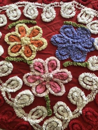 Red Double Peacock Vintage 50s Cotton Chenille Bedspread Hearts Flowers 4