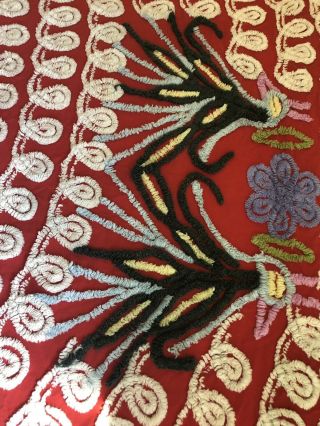 Red Double Peacock Vintage 50s Cotton Chenille Bedspread Hearts Flowers 6