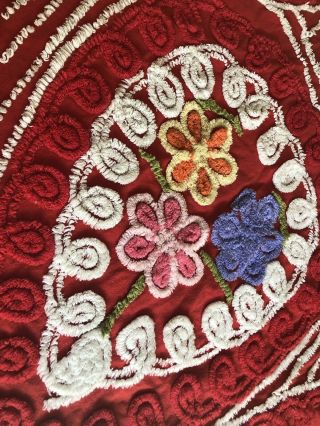 Red Double Peacock Vintage 50s Cotton Chenille Bedspread Hearts Flowers 8