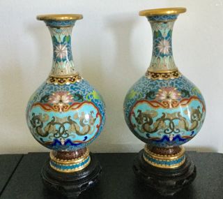 Matched Pair Antique Chinese Dragon CloisonnÉ Enamel Vases 8” Gold Trim W Stands