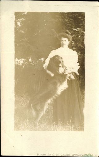 Rppc Edwardian Woman Golden Retriever Dog Real Photo Ch Childs Willseyville Ny
