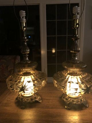 Vtg Ef Ef Industries Amber/green Glass Table Lamps 3 - Way Set Pair Lamp Retro 70