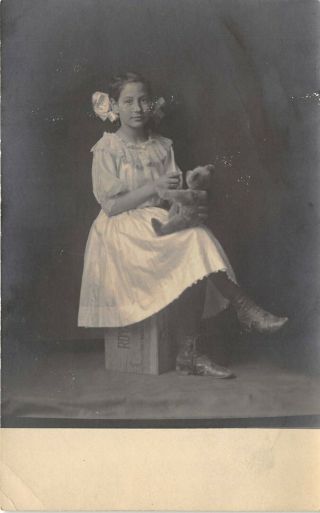 1910s Rppc Real Photo Postcard Pretty Girl Holding Teddy Bear Prob Zanesville Oh