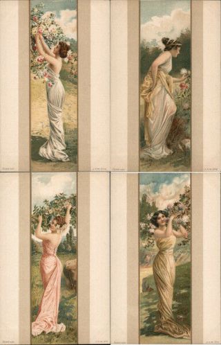 Art Nouveau Set Of 4: Women With Flowers Postcard Vintage Post Card