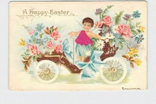 Antique Postcard Easter Silk Embellished Angel In Car Of Flowers Embossed