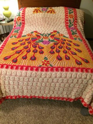 Vintage Cotton Chenille Bedspread Double Peacock Pink Yellow Green Full Size