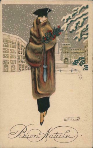 1923 Giovanni Nanni Buon Natale (Merry Christmas) - Lady in fur coat carries holly 2