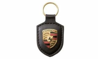 Porsche Black Leather Colour Crested Keyring Keyfob Key Ring Wap050090oe