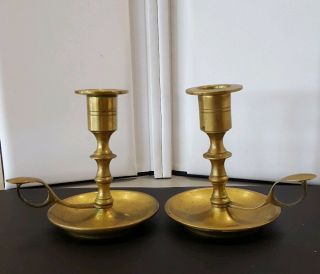 Vintage Brass Chamber Taper Candle Stick Holders W/ Loop Thumb Handle