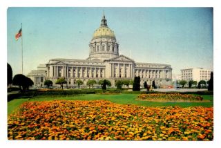 City Hall San Francisco California Postcard Flowers Flag Civic Center Dome