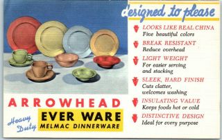 Vintage 1940s Linen Advertising Postcard " Arrowhead Everwear Melmac Dinnerwear "