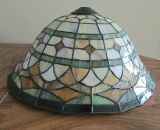 Tiffany Style Stained Slag Glass Lamp Shade Geometric Design Sand Color Green