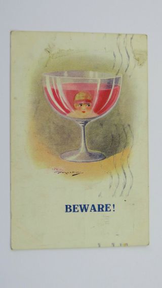 1920s Vintage Comic Postcard Flapper Pink Gin Temperance Prohibition Alcohol