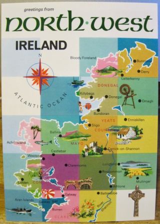 Irish Postcard Greetings From Northwest Ireland Map Donegal Icons John Hinde 438