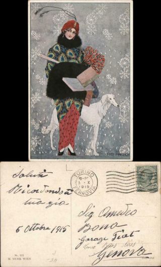 1915 Mitzi Marbach Art Deco: Fashionable Woman With Thin White Dog Postcard