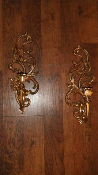 2 Home Interiors Wall Sconces 15 " Scrolll Candle Holder Usa Repainted Gold Euc