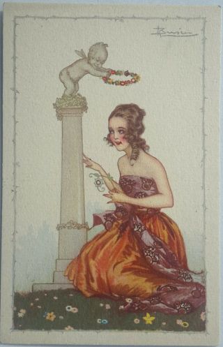Italian Glamour Fantasy,  Woman,  Statue Of Cupid,  Flower Garland,  Busi,  1918,  (2)