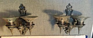 Matching Pair Vintage Cast Aluminum Gothic Medieval Wall Sconce Electric Lights