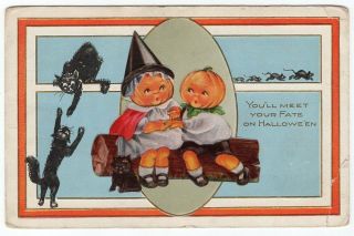 Halloween Postcard Published By Whitney,  Pumpkin Children Leaf Collars.