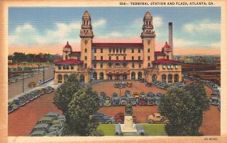 Vtg Postcard Terminal Railway Train Railroad Station Plaza Atlanta Georgia A80