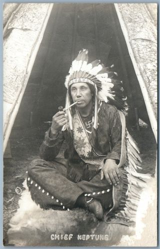 Indian Chief Joseph Neptune Smoking Pipe Antique Real Photo Postcard Rppc