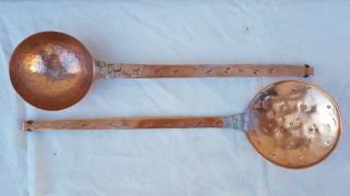 Antique French,  Vintage Skimmer & Ladle In Copper Hammered And Forged By Hand,