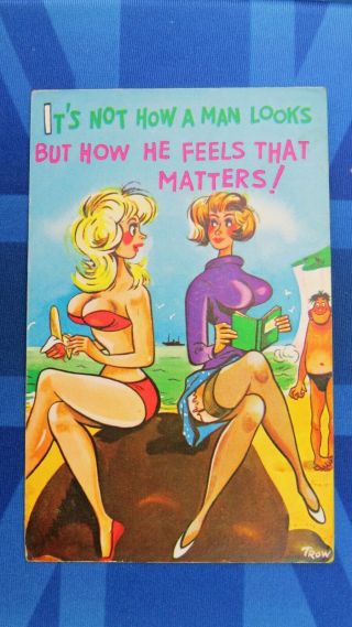 Risque Comic Postcard 1966 Big Boobs Nylons Stockings Garter Knickers Innuendo
