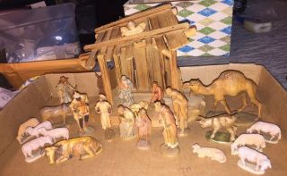 Vintage 1960s Anri Italian Hand Carved Wooden 24 Pc Kuolt Nativity Set 3” Fig